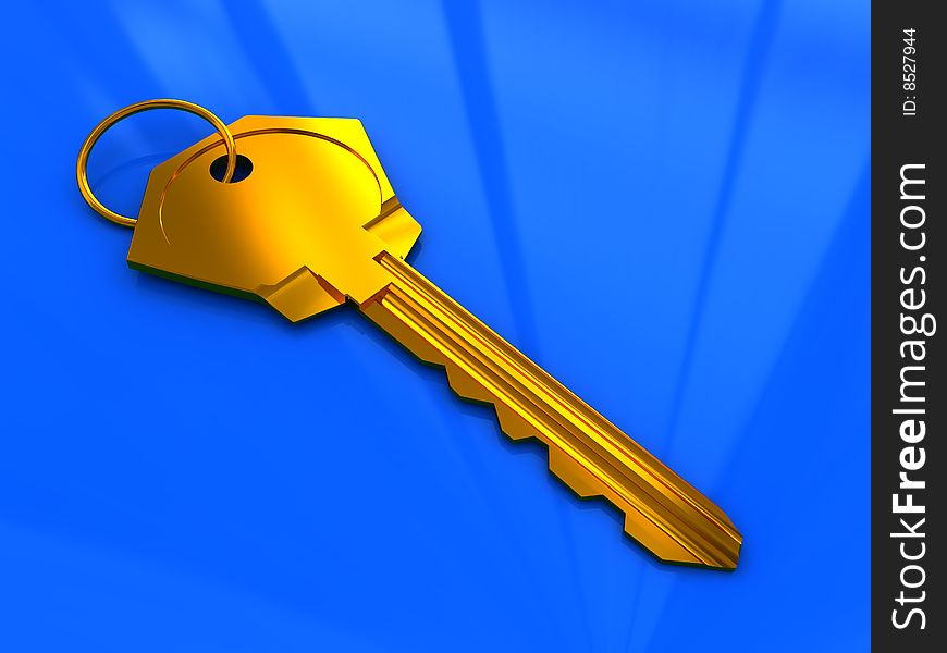 3d illustration of yellow,golden key over blue background