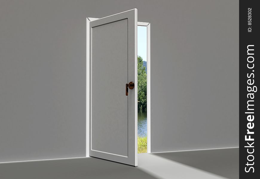 Abstract 3d illustration of door opened to summer view. Abstract 3d illustration of door opened to summer view