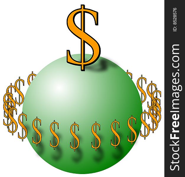 Dollar signs encircling a sphere with a large dollar sign on top. Dollar signs encircling a sphere with a large dollar sign on top.