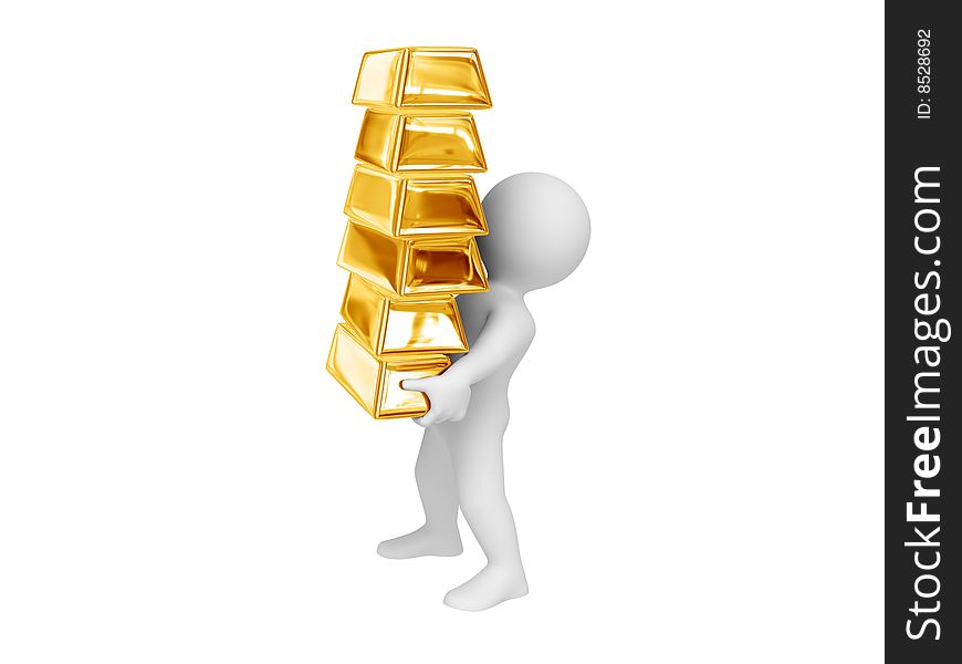 Person carry stack of gold ingots. Isolated on white. Person carry stack of gold ingots. Isolated on white.