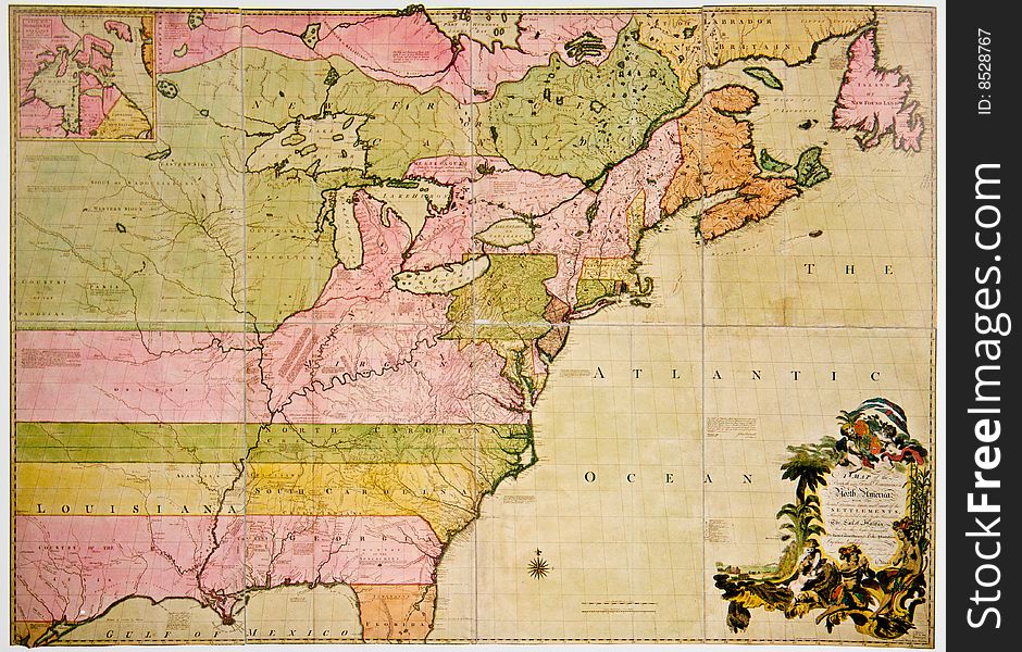 Antique map of French and British Dominions in North America. Photo from old reproduction. Antique map of French and British Dominions in North America. Photo from old reproduction