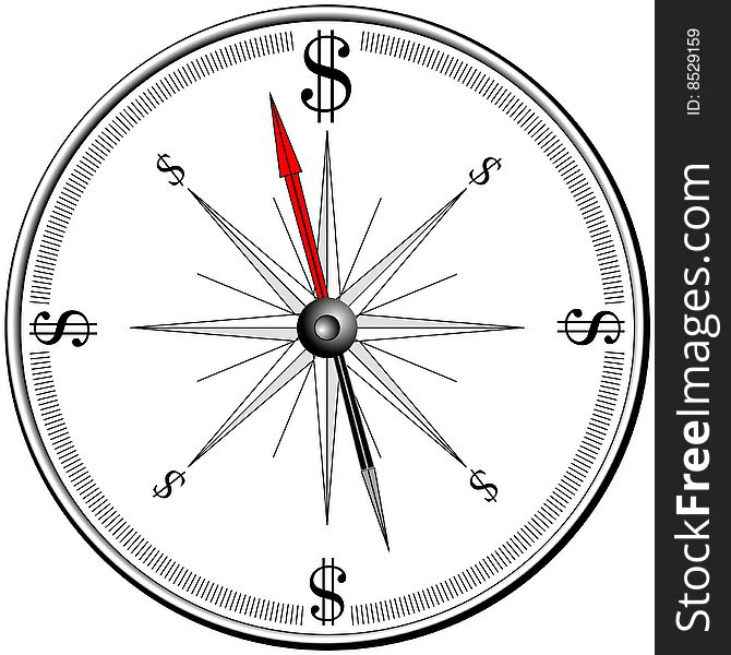 Magnetic compass showing 360 degrees with needle and Dollar Signs where directions usually are. Magnetic compass showing 360 degrees with needle and Dollar Signs where directions usually are.