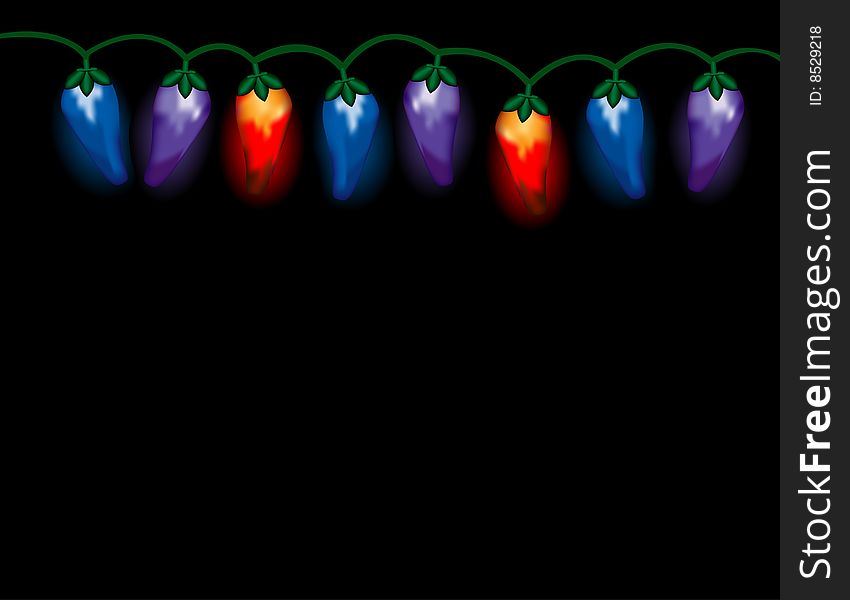 A string of chili pepper lights in festive colors, blue, purple and red, on black background. A string of chili pepper lights in festive colors, blue, purple and red, on black background.