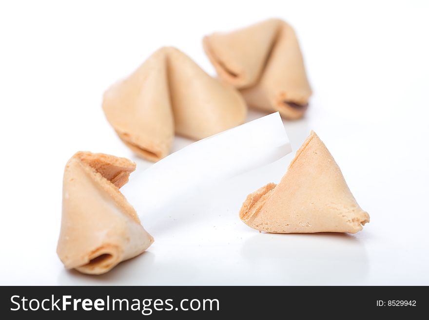 Fortune cookies with blank fortune where text may be added