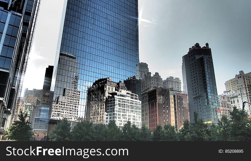 A city view with tall skyscrapers and other buildings. A city view with tall skyscrapers and other buildings.