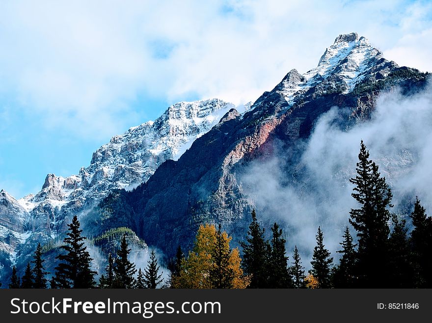 Snowy mountain peaks and conifer forests below.