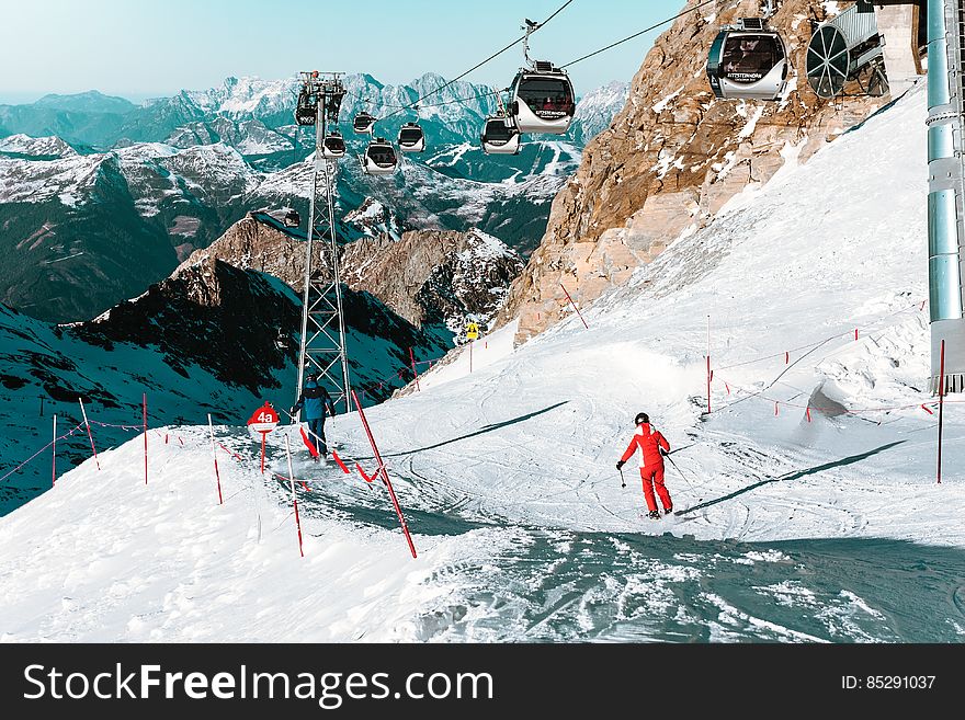 High Angle View of People Skiing on Snowcapped Mountain