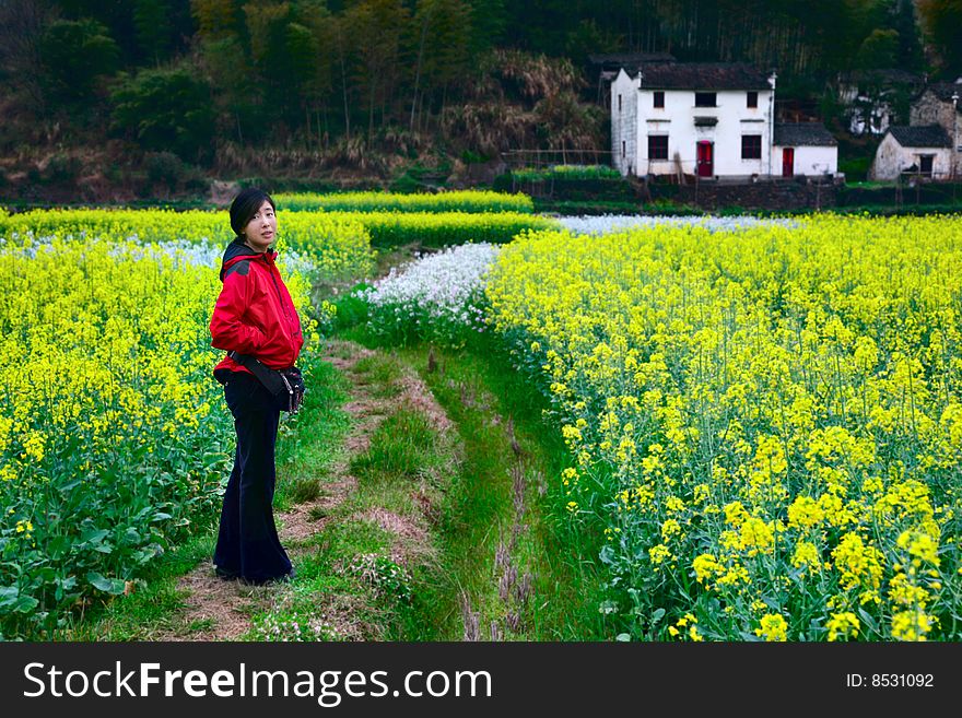 A girl in casual dress. taken in a field of rape. A girl in casual dress. taken in a field of rape.