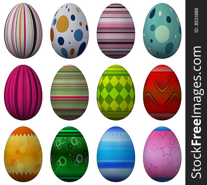 12 high Resolution 3d rendered Easter eggs, isolated on white. 12 high Resolution 3d rendered Easter eggs, isolated on white