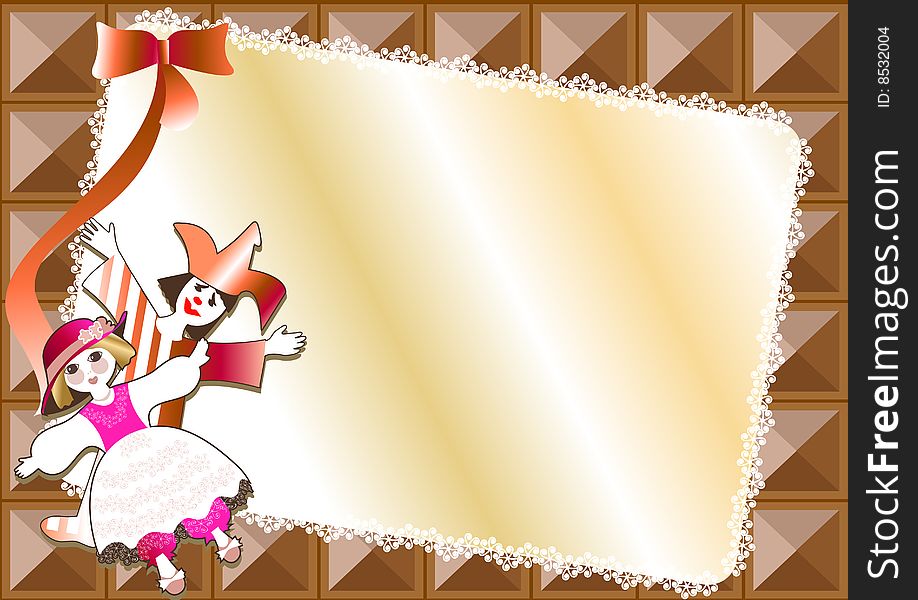 There are figures of a doll and the clown on a background of a silk napkin and chocolate. There are figures of a doll and the clown on a background of a silk napkin and chocolate