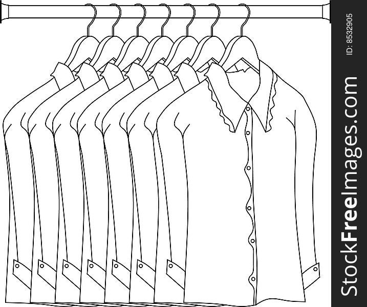 A row of blouses in a closet rod hanger. A row of blouses in a closet rod hanger