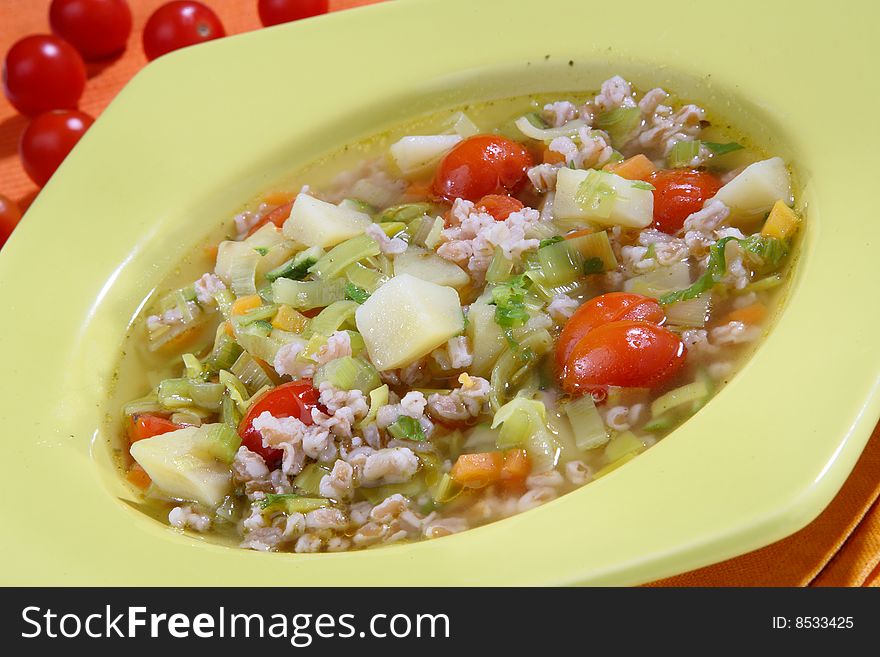 Fresh vegetable soup on plate