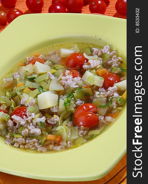 Fresh vegetable soup on plate