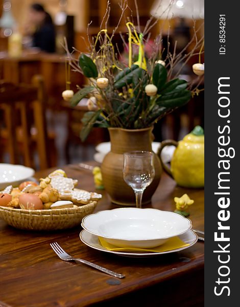 The Easter decorated wooden table. The Easter decorated wooden table