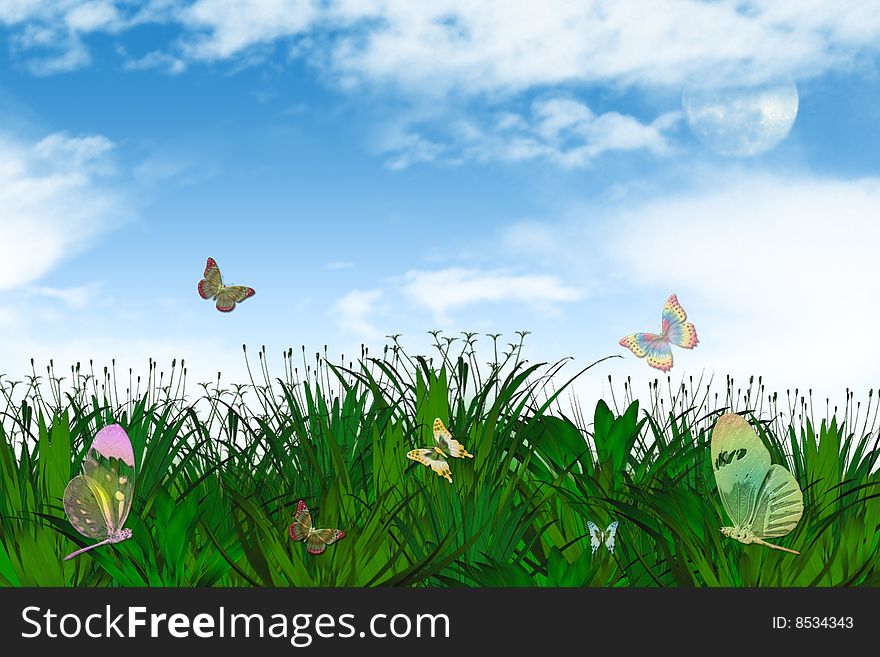 Illustration of springtime blue sky green grass and colorful butterflies. Illustration of springtime blue sky green grass and colorful butterflies.