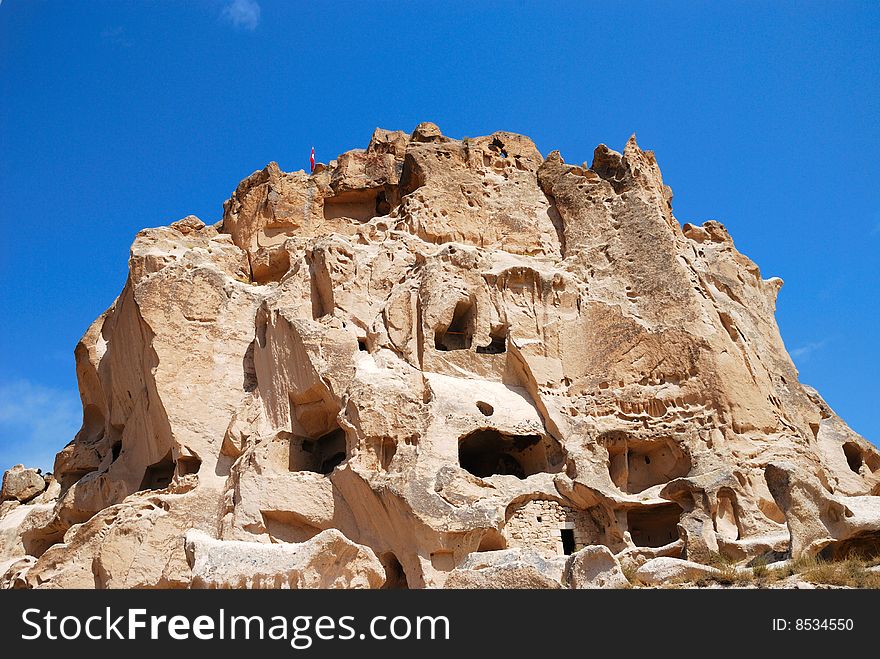Cave houses in Uchisar. Cappadocia, Turkey.
