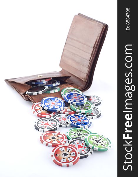 Leather wallet with poker chips isolated on white. Leather wallet with poker chips isolated on white