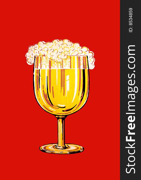 Beer in glass with foam over edge illustration