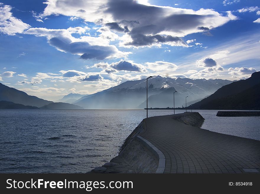 Sidewalk on the pier in the lake