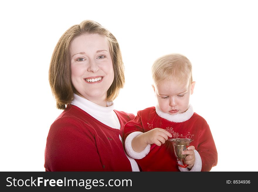 A woman and baby wearing red on a white background. A woman and baby wearing red on a white background