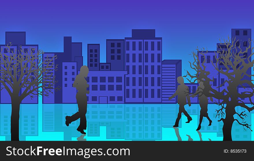 Urban landscape in blue tones with reflection. with silhouettes of people and trees. Urban landscape in blue tones with reflection. with silhouettes of people and trees