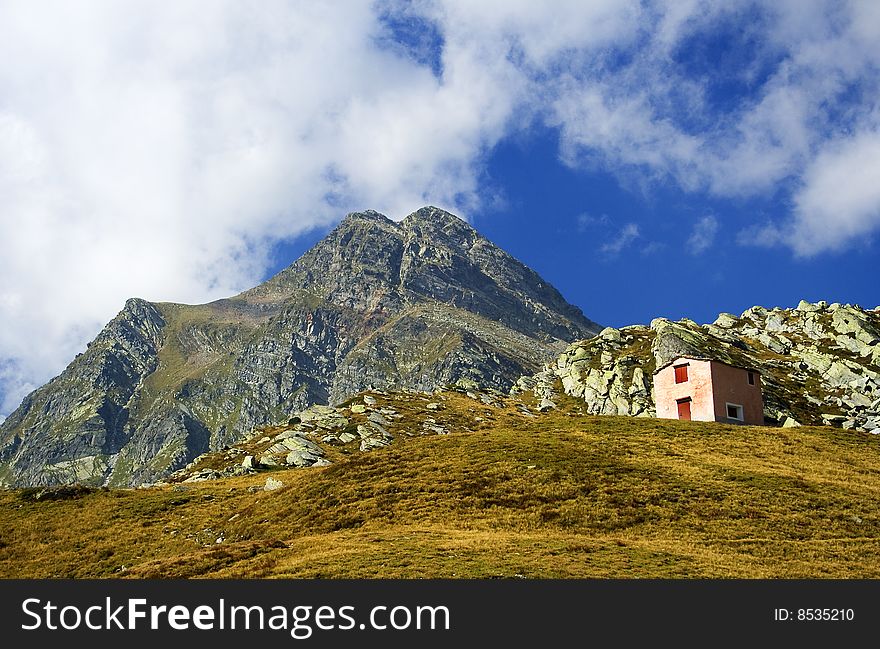 Mountain refuge and sky blue