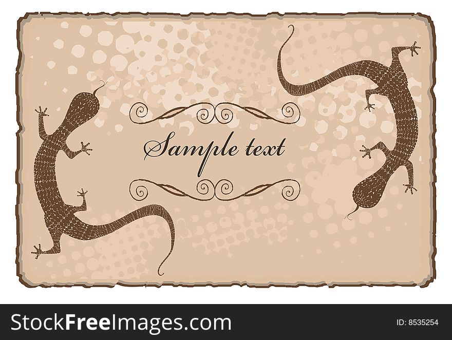 Lizards or Geckos on a torn paper sign with scrolls and copy space. Lizards or Geckos on a torn paper sign with scrolls and copy space.