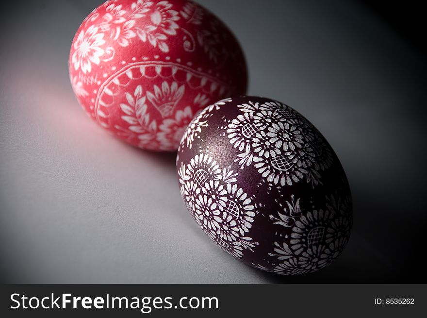 2 Easter  painted eggs (red and violet). 2 Easter  painted eggs (red and violet)