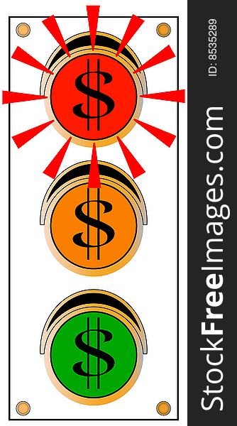 A typical street signal light, frontal with red light emphasized, yellow and green lights with dollar signs on lens. A typical street signal light, frontal with red light emphasized, yellow and green lights with dollar signs on lens