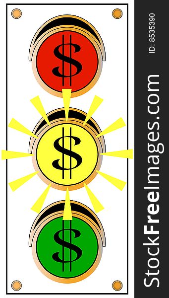 A typical street signal light, frontal with yellow light emphasized, red and green lights with dollar signs on lens. A typical street signal light, frontal with yellow light emphasized, red and green lights with dollar signs on lens