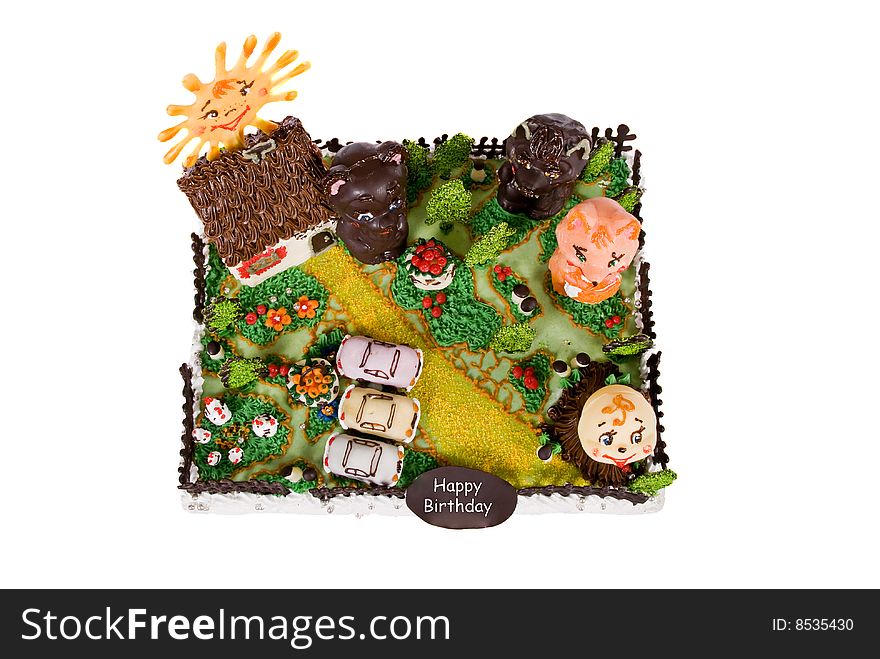 Big birthday cake with animals in courtyard over white background