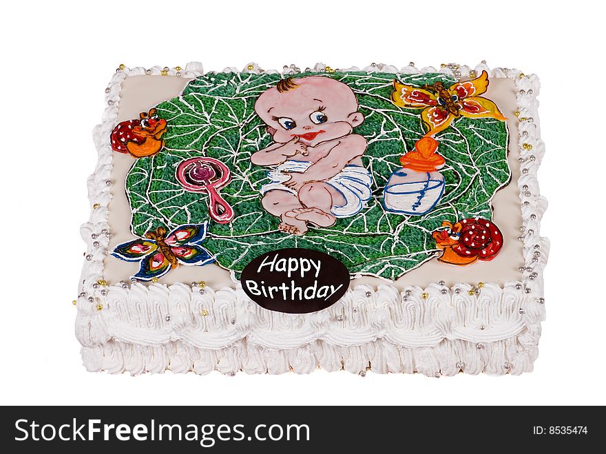 Big birthday cake with child in cabbage over white background