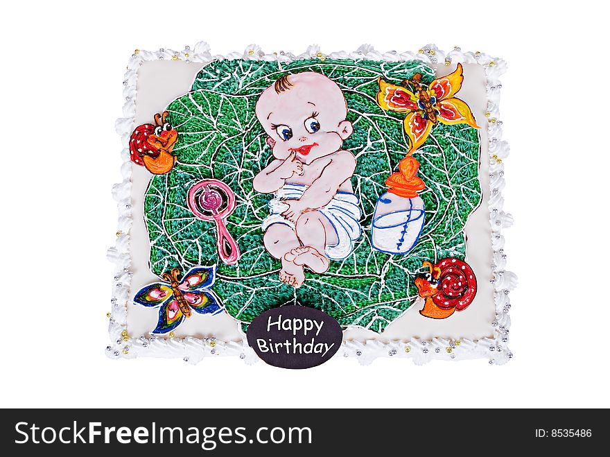 Big birthday cake with child in cabbage over white background