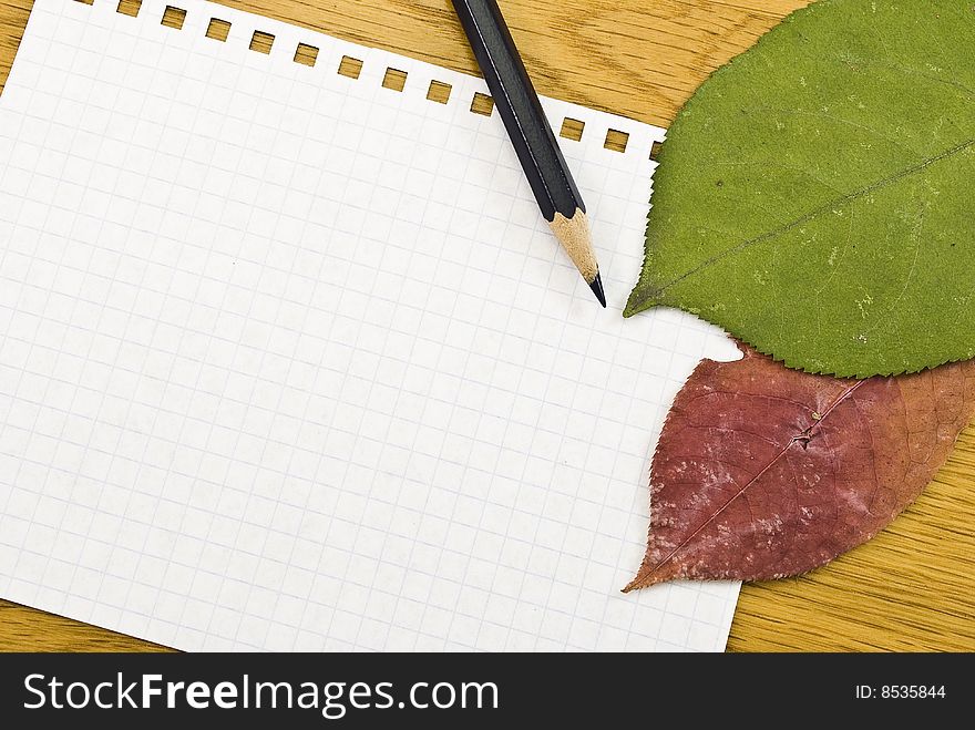 Spiral notepad with black pencil and colorful leaves