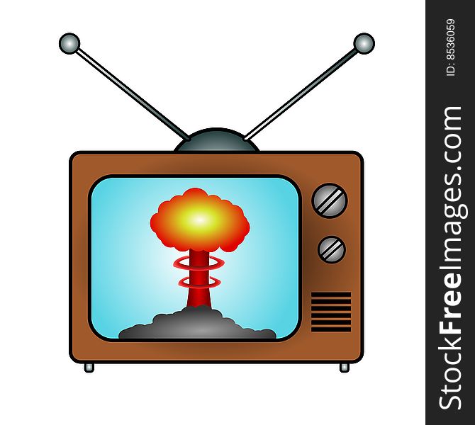 An illustration of a television and an atomic mushroom. An illustration of a television and an atomic mushroom