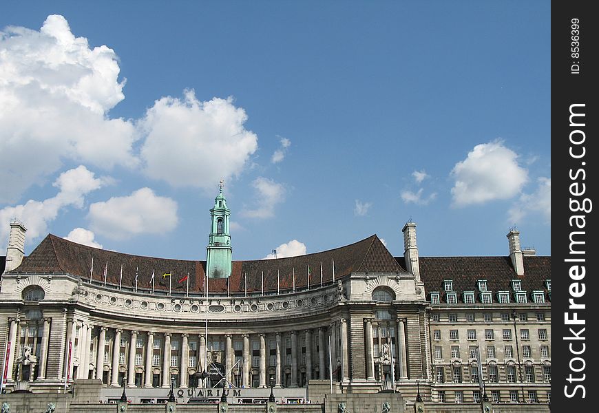 Large british building against blue sky