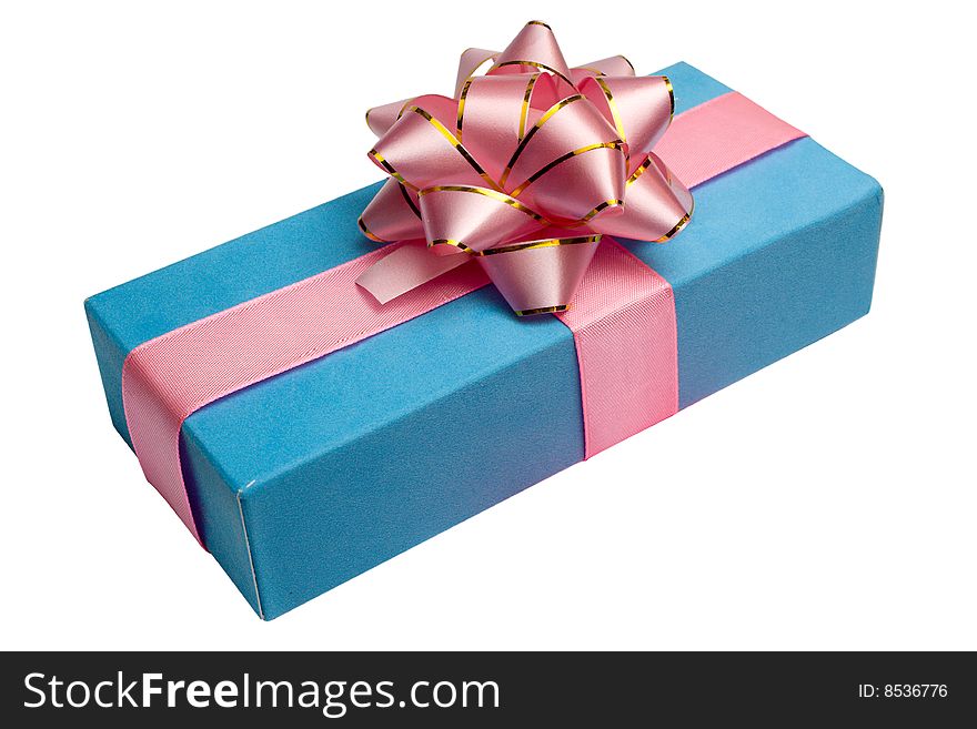 Blue box with gift and bow, is tied up by a tape isolated on white