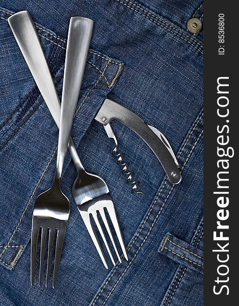 Background jeans with kitchen utensil