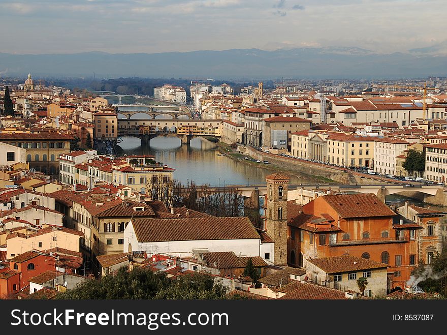 Panorama of the river Arno and the famous Ponte Vecchio in Florence, Italy. Panorama of the river Arno and the famous Ponte Vecchio in Florence, Italy