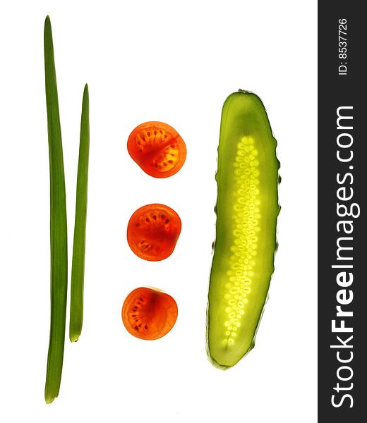 Cucumber, tomato, onion on white background