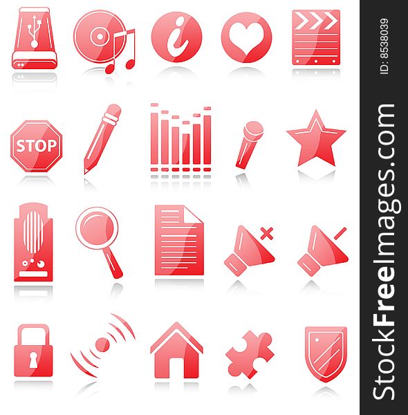 Set of 20 red and white icons in white background
