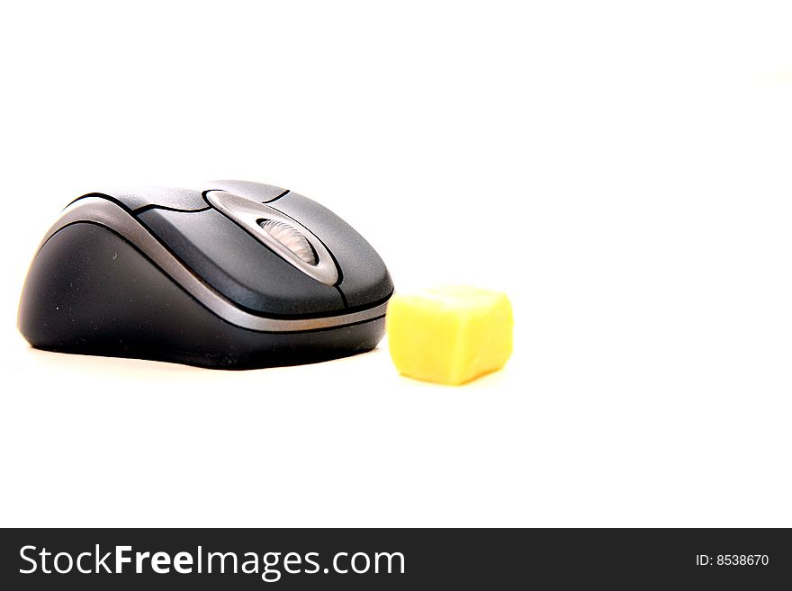 Cordless computer mouse with cheese on white