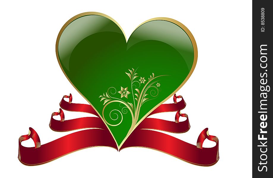 Green vector heart and red banner. Green vector heart and red banner