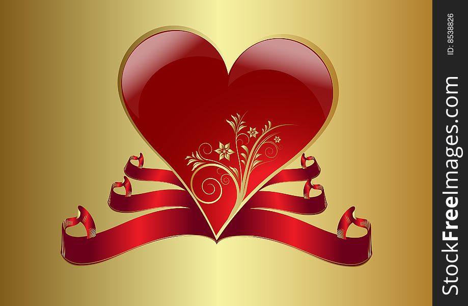 Red vector heart and red banner with gold background. Red vector heart and red banner with gold background