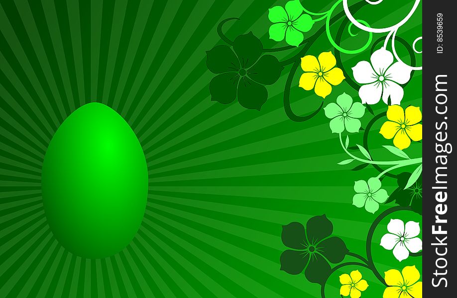 Green easter background with egg and flowers