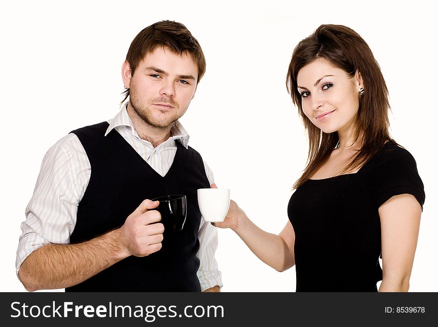 Stock photo: an image of a man and woman with cups. Stock photo: an image of a man and woman with cups