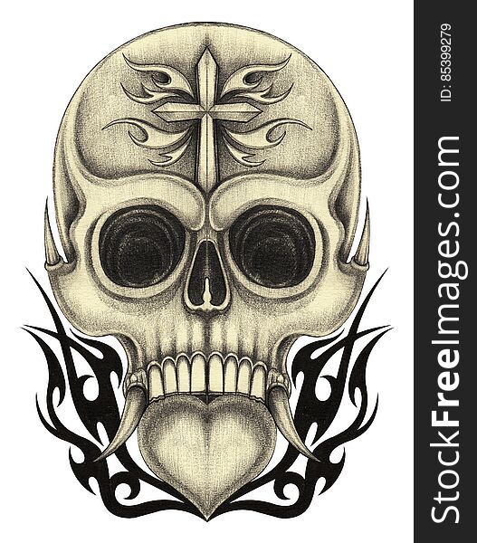 Art skull mix heart tattoo.