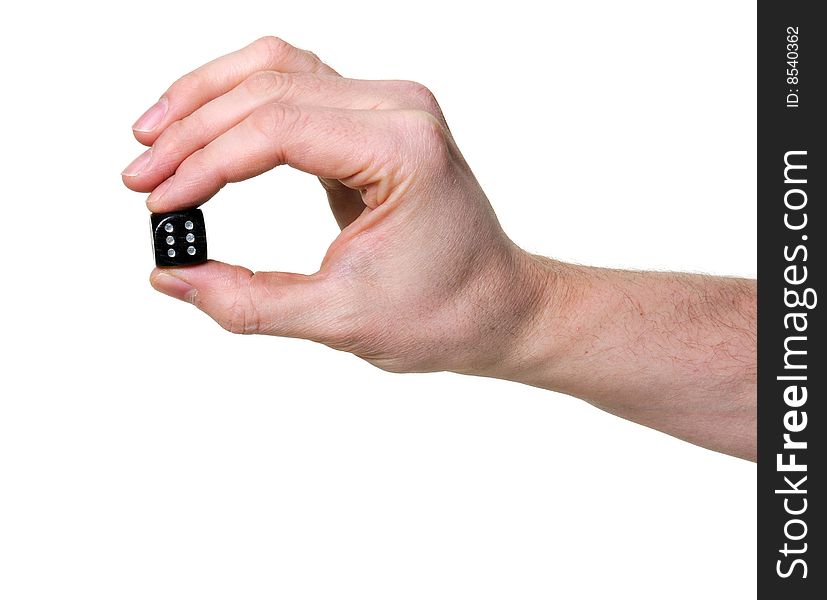 Hand holding a dice isolated on white background