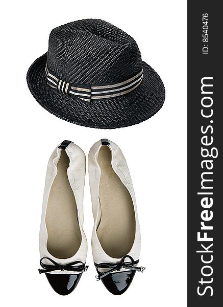 White leather shoes and black hat. White leather shoes and black hat