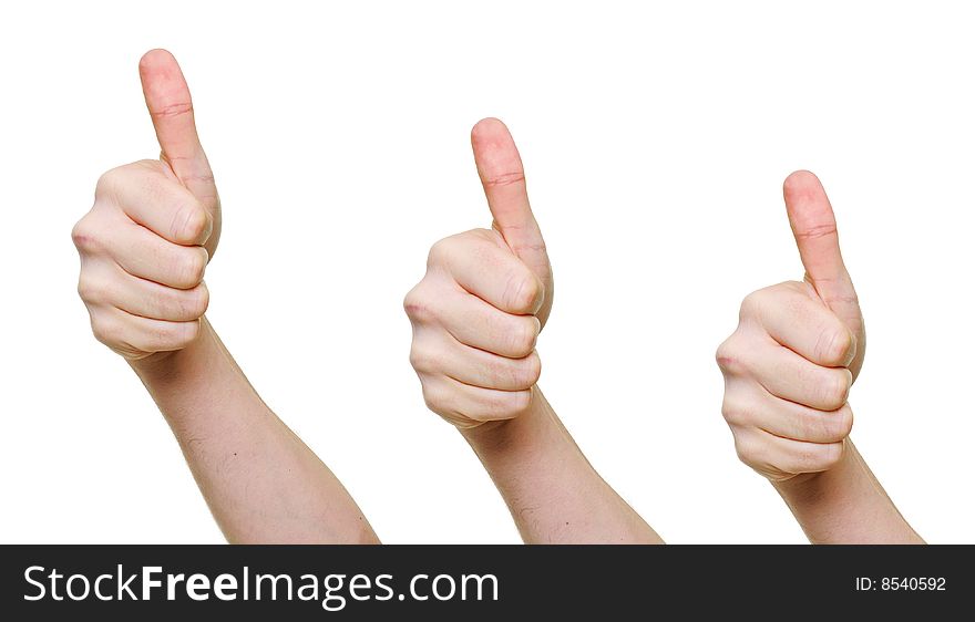 Three hands with thumbs up isolated over white background